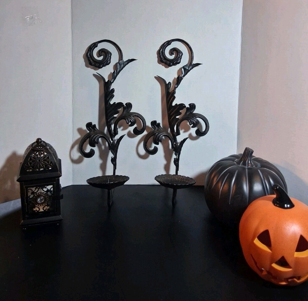 VTG Pair Black Wrought Iron Candle Sconces;Ornate Scrollwork; Set of 2;EUC Heavy